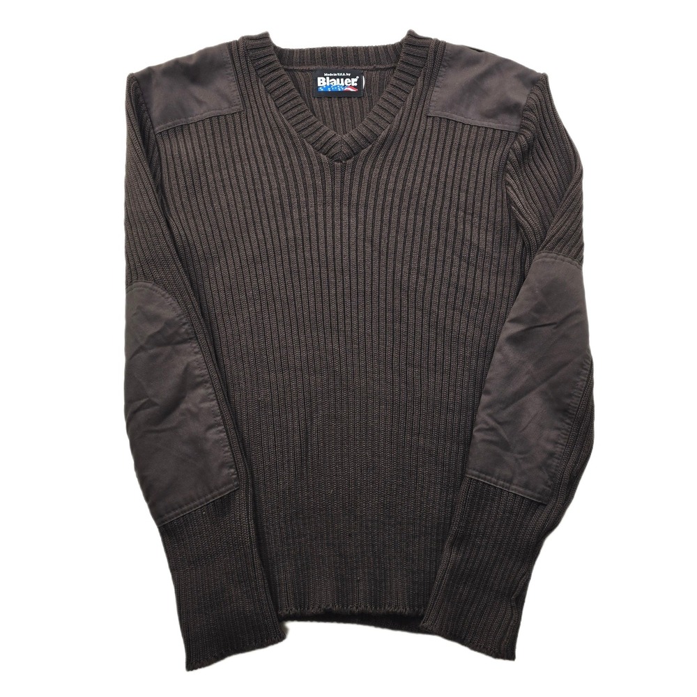 Blauer Commando Sweater Mens Large Medium Brown Rib Knit V-Neck Elbow Patch USA